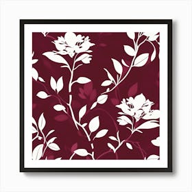 Branch With White Leaves And Flowers On Burgundy Background Art Print