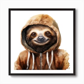 Watercolour Cartoon Sloth In A Hoodie 1 Art Print