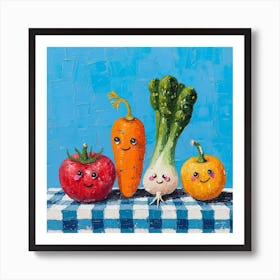 Vegetable Friends Blue Checkerboard Art Print