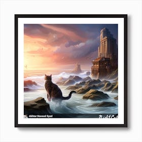 Cat Playing In Sea Art Print