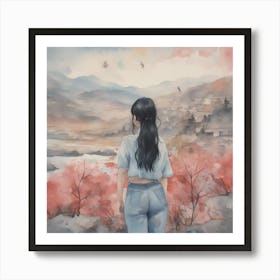 Girl Looking At The Mountains Art Print