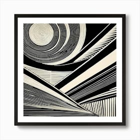 Mid Century Inspired Linocut Abstract Black And White art, 125 Art Print