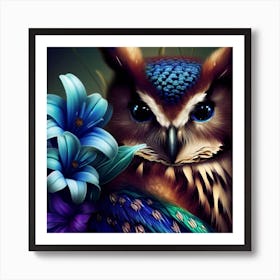 Owl With Blue Flowers 6 Art Print