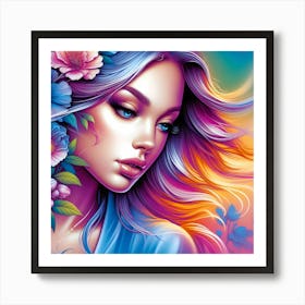 Colorful Girl With Flowers 6 Art Print