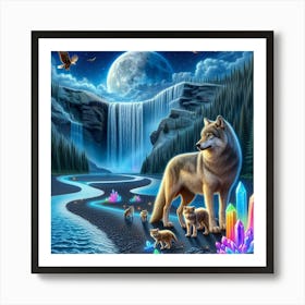 Wolf and Cubs by Crystal Waterfall Under Full Moon and Aurora Borealis 2 Art Print