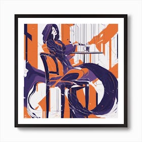 Drew Illustration Of Woman On Chair In Bright Colors, Vector Ilustracije, In The Style Of Dark Navy Art Print