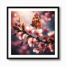 Butterfly On Cherry Blossoms Art Print