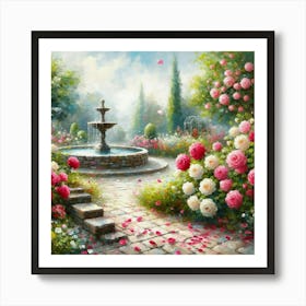 Rose Garden With The Fountain, Acrylic Style Painting 12 Art Print