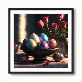 Sunlit Easter Eggs and Roses Art Print