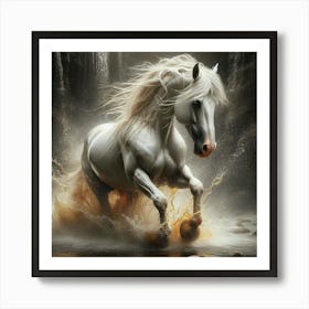 White Horse In Water Art Print