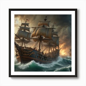 Pirate Ships In Stormy Seas Poster