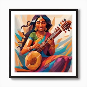 In An Oil Painting The Vibrant Essence Of A Joyous Indian Woman Playing The Sitar With Profound Enthusiasm Is Beautifully Depicted The Artwork Showcases The Woman In Meticulous Detail Exuding Pure 2 Art Print