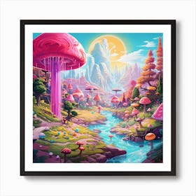 Pink Forest with mushrooms  Art Print