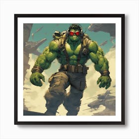 A Badass Anthropomorphic Fighter Pilot Hulk, Extremely Low Angle, Atompunk, 50s Fashion Style, Intri Art Print