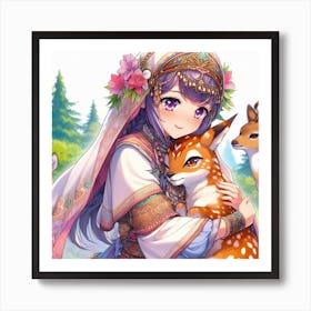 Gorgeous mountain girl with deer Art Print