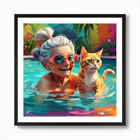 Grandma And Her Pet Cat In Swimming Pool 1 Art Print