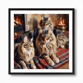 Illustration A Pair Of Beloved Pets Regal Cat Lying Comfortably On A Tartan Blanket Top Right Ma 550155959 Art Print