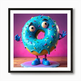 Blue Glazed Donut Character With Drooling Glaze And Worried Expression Art Print