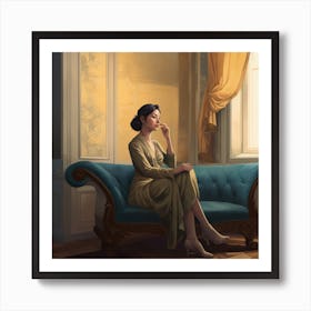 Woman Sitting On A Blue Couch Art Print