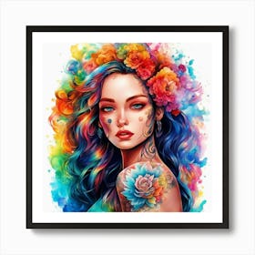 Colorful Girl With Flowers Art Print