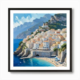 Italy, Amalfi Coast Cute Illustration In Blue Art Print 1 Art Print