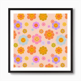 Retro Smiley Flowers Square Art Print