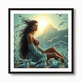 Beautiful Girl With Seagulls Art Print