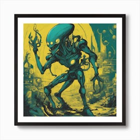 Alien Painted To Mimic Humans, In The Style Of Art Elements, Folk Art Inspired Illustrations, Cart Art Print