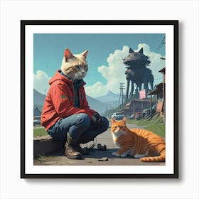 Cat And A Robot Art Print