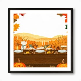 An Illustration Of A Thanksgiving Inspired Table Set Against An Autumn Nature Backdrop Showcasing A (4) Art Print