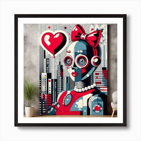 A Pop Art and Futuristic Painting of a Robot with Pearl Earrings and a Red Bow, with a Heart-Shaped Balloon and a Cityscape as Elements 1 Art Print