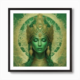 In All Pantone Contrasting Shades Of Green Only With A Large Golden Trident Ethereal Hindu Beaut (1) Art Print