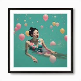 Asian Girl Floating In Water Art Print