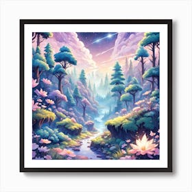 A Fantasy Forest With Twinkling Stars In Pastel Tone Square Composition 151 Art Print