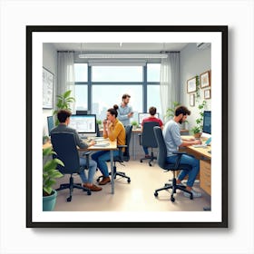 Busy Tech Startup Office In Watercolor, With Collaborative Spaces And Gadgets Art Print