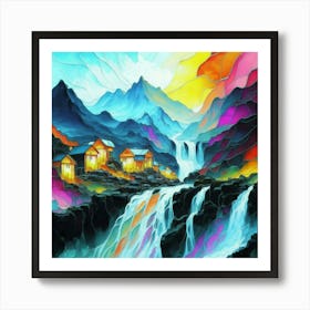 Abstract art stained glass art of a mountain village in watercolor 12 Art Print