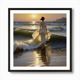 Woman Walking On The Beach Art Print