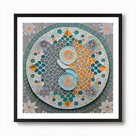 Firefly Beautiful Modern Intricate Floral Yin And Yang Japanese Mosaic Mandala Pattern In Gray, And (6) 1 Art Print