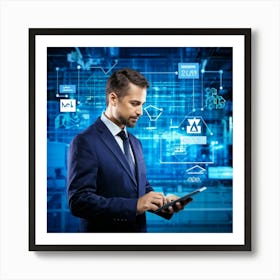 Abstract Cyber Industrial Icon Featuring A Futuristic Manager Interfacing With An Ai System Engagin (1) Art Print