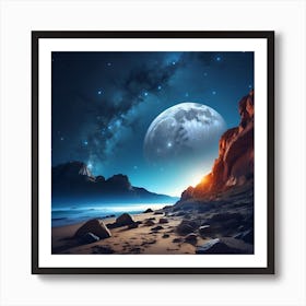 quiet Night Scene With Bright Moon And Stars 4 Art Print