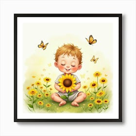 Baby Holding A Sunflower In A Watercolor Meadow With Butterflies Art Print