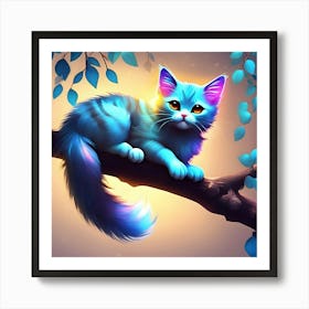 Blue Cat On A Branch Art Print