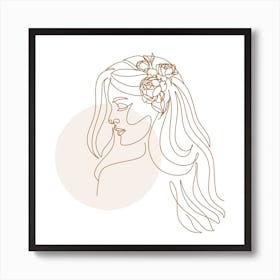 Minimal Line Art Woman with Flowers Art Print