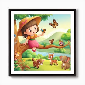 Lovely little girl playing with animals Art Print