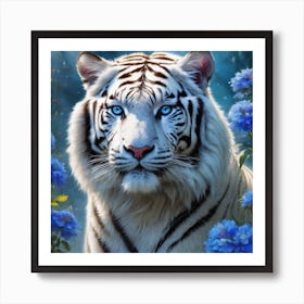 White Tiger With Blue Flowers Art Print