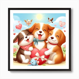 Three Dogs Hugging A Heart Art Print