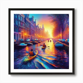 Into The Water A Kayaking Adventure Through Amsterdam S Canals At Dawn Style Neon Urban Impressionism (3) Art Print