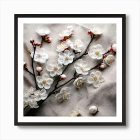 Firefly Plum Blossoms Scattered Across A Soft Linen Textured Canvas, With Simple Branches In Matte B (6) 1 Art Print