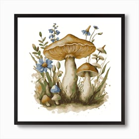 Mushrooms And Flowers, Delicate Watercolor Petals style. Art Print