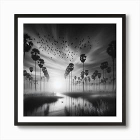 Black And White Photograph Of Palm Trees Art Print